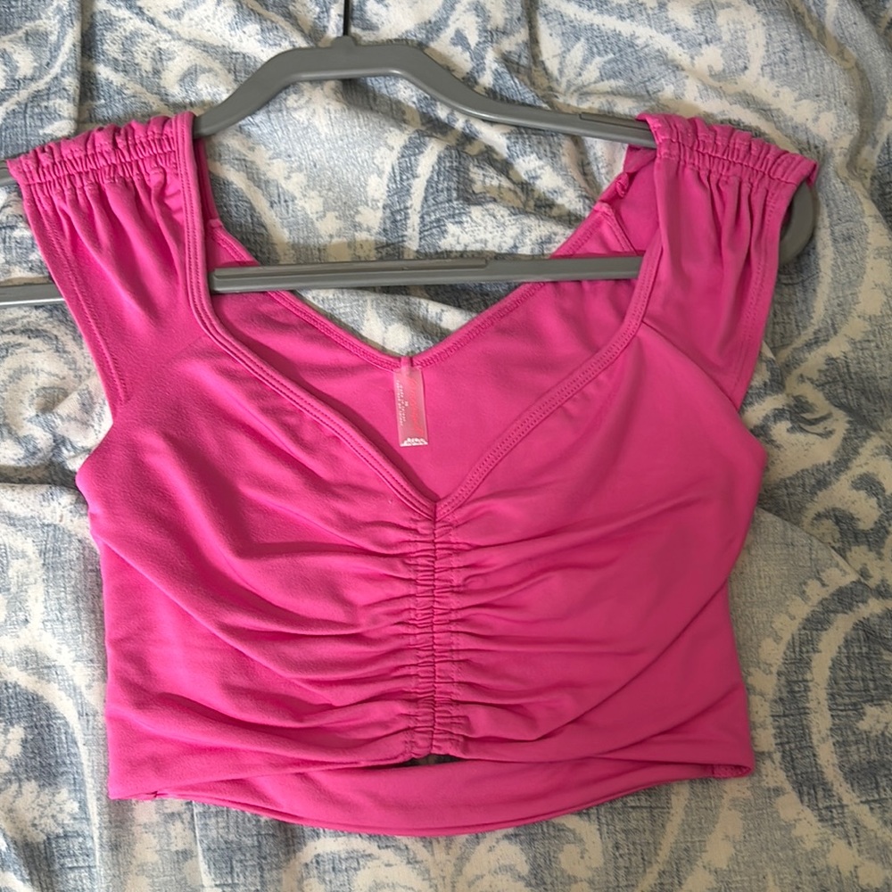 Free People Pink Ruched Cap Sleeve Crop Tank